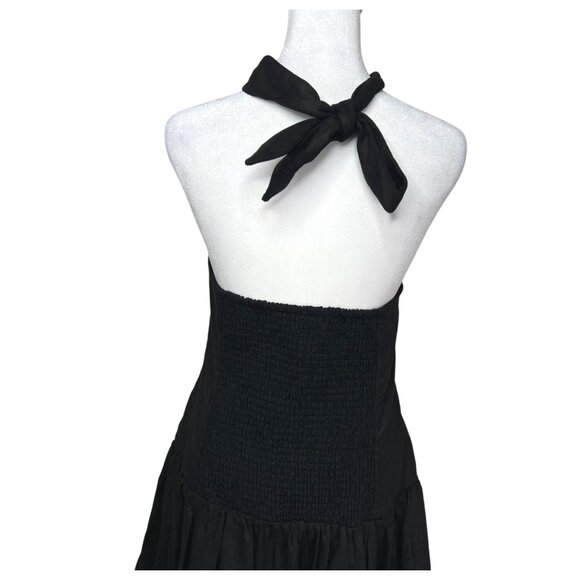 House Of Harlow Black Halter Smocked Linen Blend Bubble Hem Mini Dress Large - Picture 10 of 14